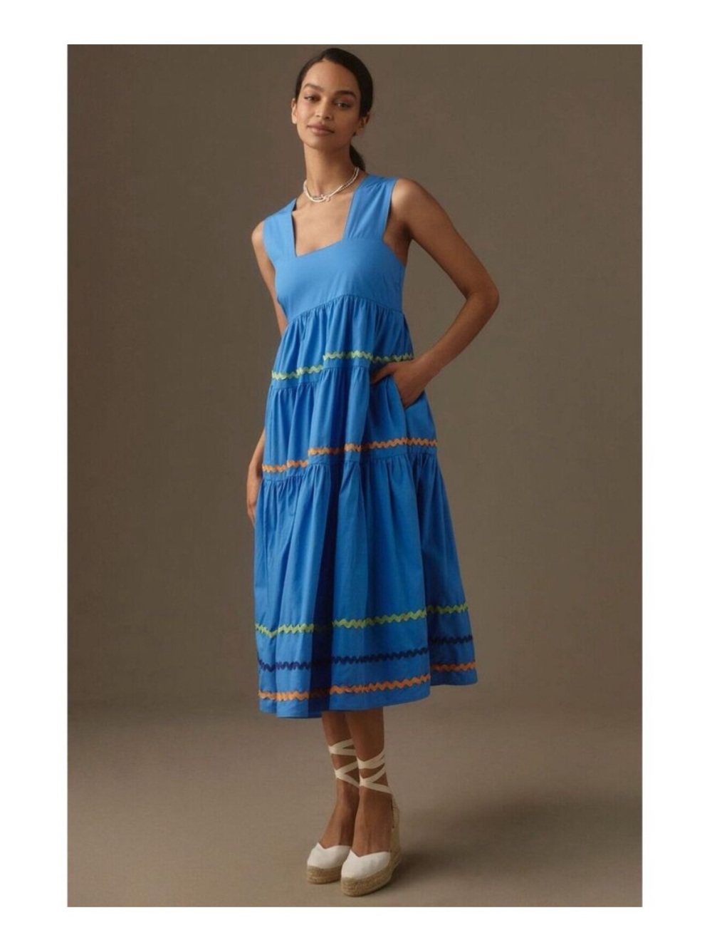 Anthropologie Blue Cotton Ribbon Tiered Women’s Midi Dress Sleeveless Size XS